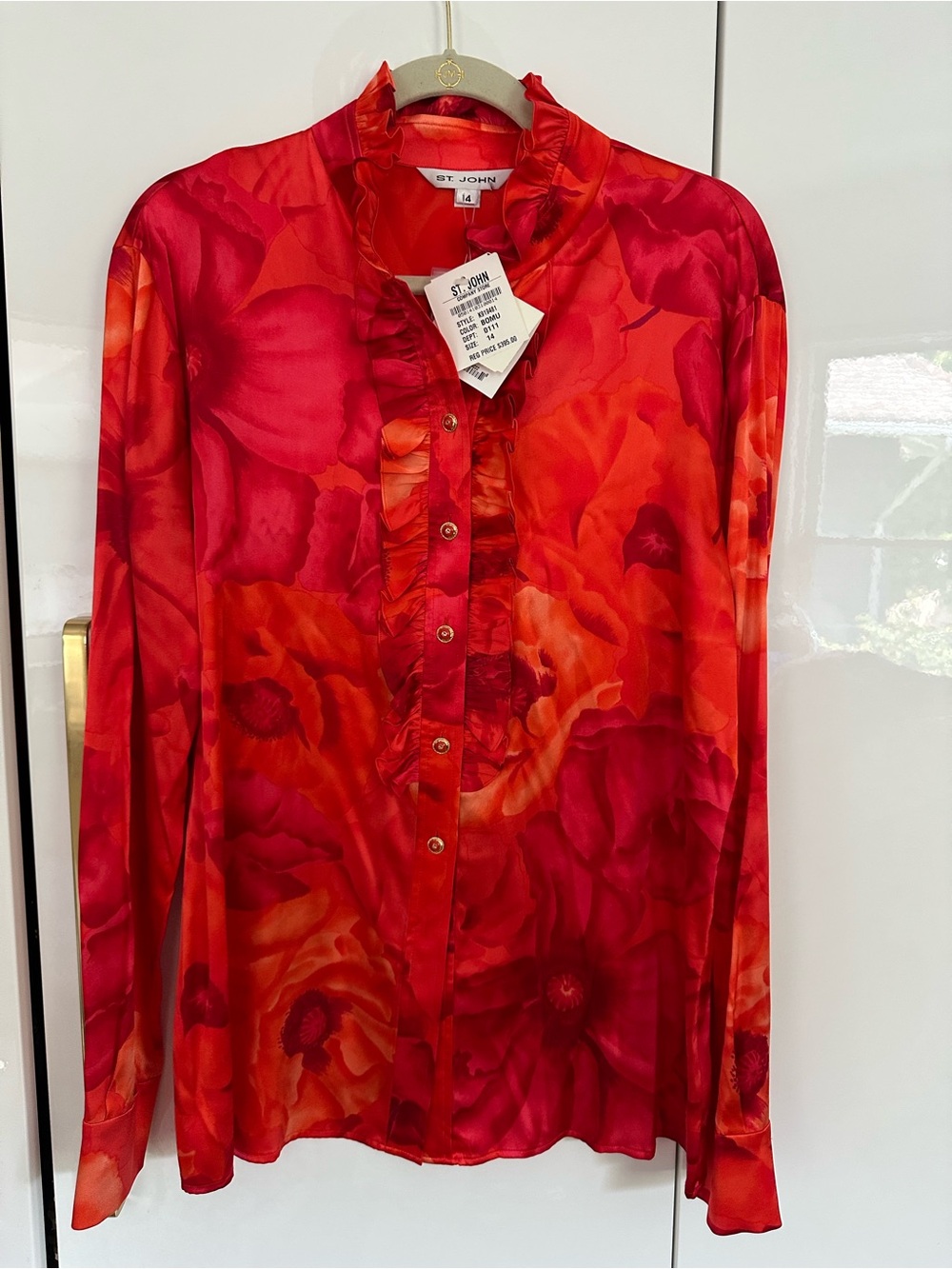 NWT St. John Vibrant Red Button-Front Blouse stretch  silk